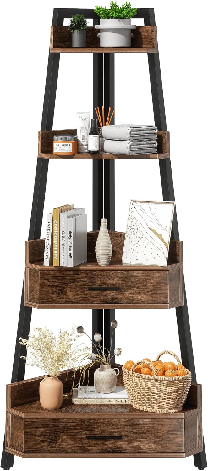 Elsie&Mi Rustic Brown Corner Cabinet, 55.1 Inch Tall Storage Shelf with 4 Tiers and 2 Drawers for Living Room, Office, Kitchen, Basement or Bedroom