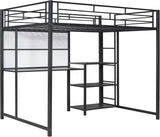 Full-Size Metal Loft Bed with Desk, Whiteboard, 3-Layer Shelves, Built-In Ladder and Storage, Heavy-Duty Black Frame for Kids, Teens, Bedrooms and Dorms