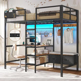 DICTAC Twin Metal Loft Bed with L-Shaped Desk, Storage Shelves, Charging Station and LED Lights, Featuring Coat Rack, Drawers, Staircase and Safety Guardrail, Black