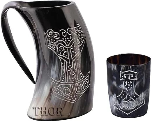 Handmade Viking Drinking Horn Mug, Food-Safe Beer Horn with Hand-Engraved Rustic Finish for Shots, Decor or Gifting