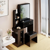 CIATRE Black Vanity and Bedside Cabinet Set with Cushioned Stool, Extra-Large Right Sliding Mirror, and Multi-Layer Storage