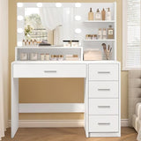 Makeup Vanity Desk with Mirror, 10 Lights, 5 Drawers and 3 Storage Shelves, Dressing Table with 3 Color Modes and Adjustable Brightness, 35.4-Inch, Black