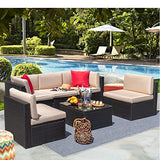 Devoko 6-Piece Beige Patio Conversation Set with Handwoven Rattan Sofa, Sectional Seating, Cushions and Glass Table