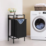 Black Laundry Hamper Basket with Removable Bag and Built-In Brown Wood Shelf