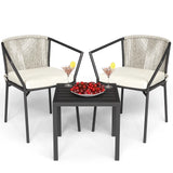 Dextrus 3-Piece Outdoor Bistro Set with Wicker Side Table, Two Stackable Chairs and Cushions, Patio Conversation Furniture, White