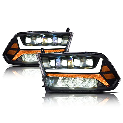 Alpha Owls 8710401 Crystal Headlights with Switchback Sequential LED Light Bar and Startup Light, Black and Amber, Fits 2009-2018 Dodge Ram 1500, 2500 and 3500 and 2019-2023 Classic Halogen Models