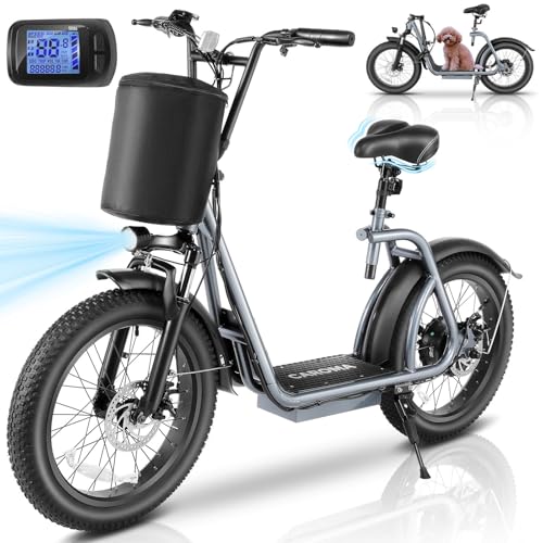 Caroma Peak 800W Fat-Tire Electric Scooter with 20X3 Tires, 20 MPH Top Speed, 30-Mile Range, Adjustable Seat, Detachable Basket, and Foldable Design