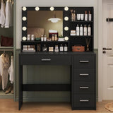Makeup Vanity Desk with Mirror, 10 Lights, 5 Drawers and 3 Storage Shelves, Dressing Table with 3 Color Modes and Adjustable Brightness, 35.4-Inch, Black