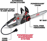 Oregon CS1500 18-Inch Corded Electric Chainsaw with 15 Amp Motor, Integrated PowerSharp Self-Sharpening System, 120V Power, and 2-Year Warranty