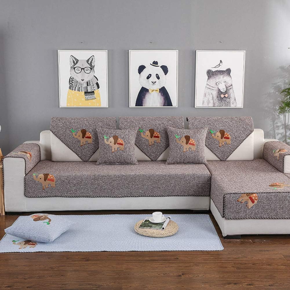 Soft Cotton Woven Sectional Sofa Cover with Non-Slip Design and Small Elephant Pattern, Brown, 45x45cm