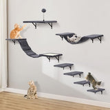 7-Piece Wall-Mounted Cat Furniture Set with Climbing Shelves, Perches, Bridge, Hammock, Scratching Board and Ball, Indoor Wood Activity Center, Beige