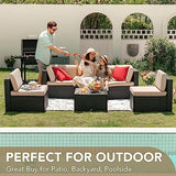 Devoko 6-Piece Beige Patio Conversation Set with Handwoven Rattan Sofa, Sectional Seating, Cushions and Glass Table