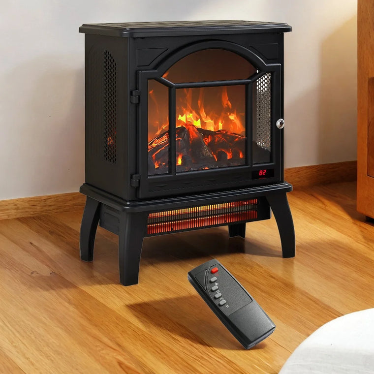 3D Infrared Electric Stove Heater with 1,500W Output, 11 Temperature Settings, Timer, and Realistic Flame Effect