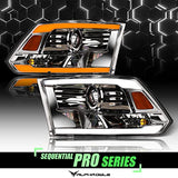 Alpha Owls 8710401 Crystal Headlights with Switchback Sequential LED Light Bar and Startup Light, Black and Amber, Fits 2009-2018 Dodge Ram 1500, 2500 and 3500 and 2019-2023 Classic Halogen Models