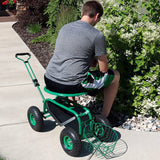 Sunnydaze Green Garden Cart with Rolling Scooter Seat, Extendable Steering Handle, Swivel Seat and Utility Tool Tray