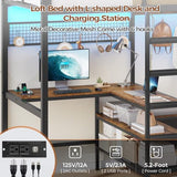 DICTAC Twin Metal Loft Bed with L-Shaped Desk, Storage Shelves, Charging Station and LED Lights, Featuring Coat Rack, Drawers, Staircase and Safety Guardrail, Black