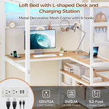 DICTAC Twin Metal Loft Bed with L-Shaped Desk, Storage Shelves, Charging Station and LED Lights, Featuring Coat Rack, Drawers, Staircase and Safety Guardrail, Black