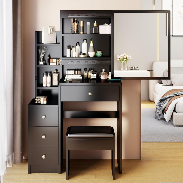 CIATRE Black Vanity and Bedside Cabinet Set with Cushioned Stool, Extra-Large Right Sliding Mirror, and Multi-Layer Storage
