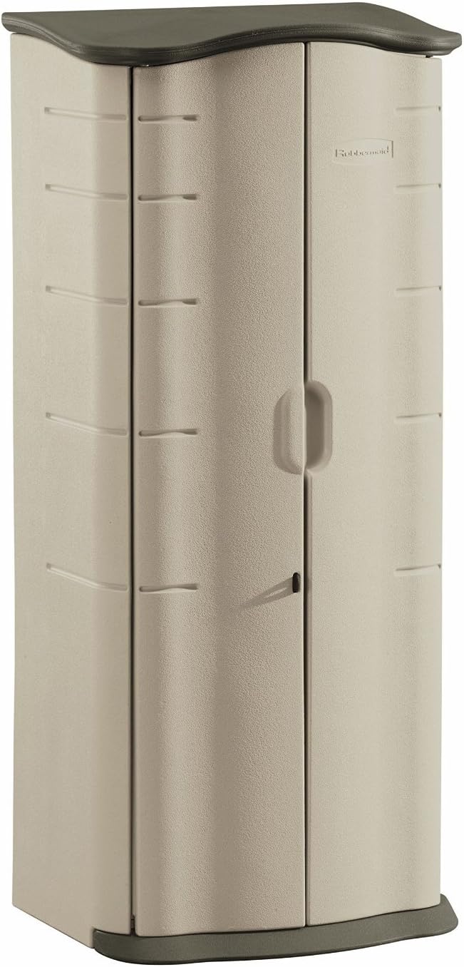 Rubbermaid 2 × 2.5 ft. Vertical Outdoor Storage Shed, Weather-Resistant Resin Construction in Olive and Sandstone