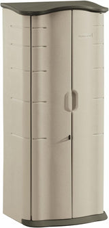 Rubbermaid 2 × 2.5 ft. Vertical Outdoor Storage Shed, Weather-Resistant Resin Construction in Olive and Sandstone