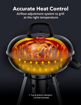 22-Inch Kettle Charcoal BBQ Grill with Lid Thermometer, Plated Steel Grates, Integrated Wheels and Slide-Out Ash Catcher for Patio, Picnic and Backyard Cooking