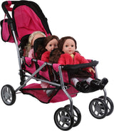 Mommy & Me 9668A Triplet Doll Pram with Back-to-Back Seating, Swiveling Wheels and Carriage Bag
