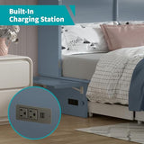 BALUS Queen Murphy Bed Cabinet in Grey-Blue with Tri-Fold Mattress, USB Charging Station, Folding Nightstand Trays, and Storage Drawers