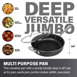 Granitestone Jumbo Nonstick Cooker with Lid, Family-Sized Triple-Coated Open Skillet with Stainless Steel Stay-Cool Helper Handle, Oven and Dishwasher Safe