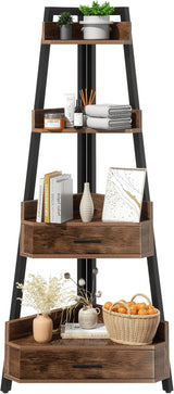 Elsie&Mi Rustic Brown Corner Cabinet, 55.1 Inch Tall Storage Shelf with 4 Tiers and 2 Drawers for Living Room, Office, Kitchen, Basement or Bedroom