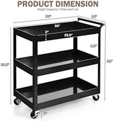 Goplus 3-Tier Rolling Utility Cart with Lockable Wheels, 330 lb Capacity and Ergonomic Handle, Heavy-Duty Commercial Tool Organizer for Garages and Warehouses, Black