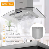 FIREGAS 36-Inch Island Range Hood with 450 CFM Ventilation, Chimney, Tempered Glass, 4 LED Lights, 3-Speed Touch Control, Permanent and Charcoal Filters