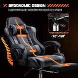 DUMOS Grey Ergonomic Gaming Chair for Adults, PU Leather Recliner with Footrest, Lumbar Support and Headrest, Featuring Fixed Armrests, Height Adjustment and 360° Swivel