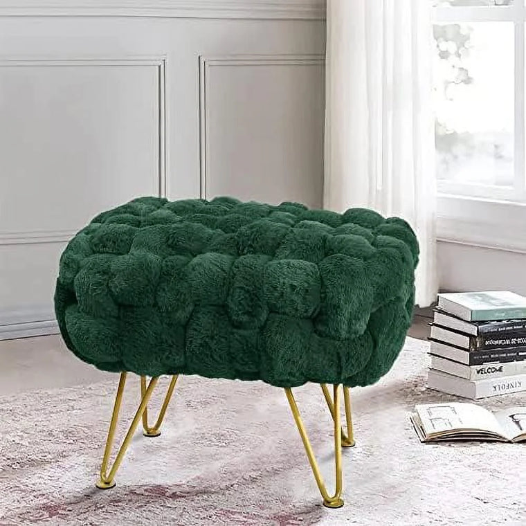 Pink Faux-Fur Ottoman Bench with Golden Legs, 27 x 20 x 19 Inch Fluffy Vanity Seat and Accent Table for Bedrooms, Closets and Living Rooms F