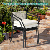 Dextrus 3-Piece Outdoor Bistro Set with Wicker Side Table, Two Stackable Chairs and Cushions, Patio Conversation Furniture, White