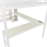 SOFTSEA Queen Size Metal Loft Bed with L-Shaped Desk, Wardrobe, USB Ports, Adjustable Shelf and LED Lighting, No Box Spring Needed, White Wood Grain