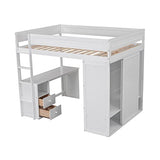 Full-Size Solid Wood Loft Bed with Built-In Ladder, Safety Guardrails, Wardrobes, 2-Drawer Desk and Storage Cabinet, White