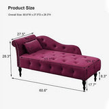 TJUNBOLIFE 60-Inch Grey Velvet Chaise Lounge with Tufted Upholstery, Rolled Arms, Nailhead Trim, and Pillow for Bedroom, Living Room, or Office