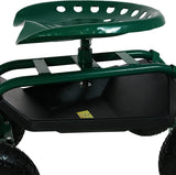 Sunnydaze Green Garden Cart with Rolling Scooter Seat, Extendable Steering Handle, Swivel Seat and Utility Tool Tray