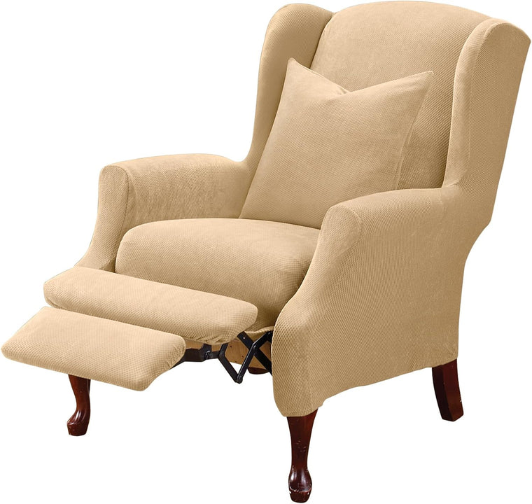 SureFit Home Décor SF38684 Stretch Pique Slipcover for Recliner Wingback Chairs, Two-Piece Form-Fit Design, Polyester/Spandex, Machine Washable, Cream