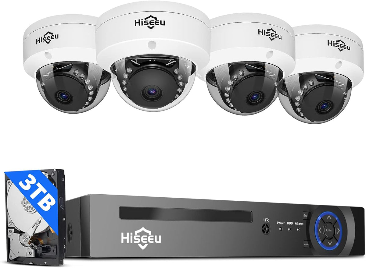Hiseeu 5MP PoE Security Camera System with 4 Dome IP Cameras, 8-Channel NVR, 3TB Hard Drive, Night Vision, IP66 Waterproofing and 1-Way Audio
