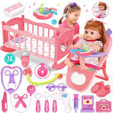 25-Piece Baby Doll Care Playset with 14 Doll Toys, Cradle, High Chair, Milk Bottle, Pacifier and Diaper for Girls and Boys Ages 3, 4, 5, 6+
