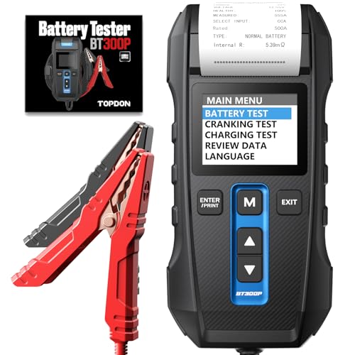 TOPDON BT300P 12V/24V Car Battery and Alternator Tester for 100-2000CCA Lead-Acid Batteries, Featuring Load Testing, Built-In Printer, Spark-Free Metal Clamps and Automatic Reverse Polarity Protection