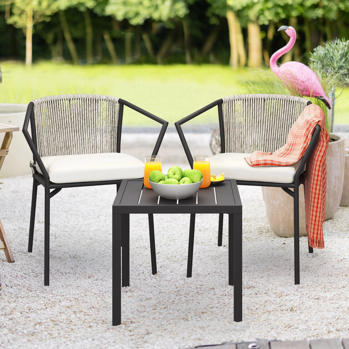 Dextrus 3-Piece Outdoor Bistro Set with Wicker Side Table, Two Stackable Chairs and Cushions, Patio Conversation Furniture, White