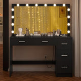Makeup Vanity Desk with Mirror, 10 Lights, 5 Drawers and 3 Storage Shelves, Dressing Table with 3 Color Modes and Adjustable Brightness, 35.4-Inch, Black