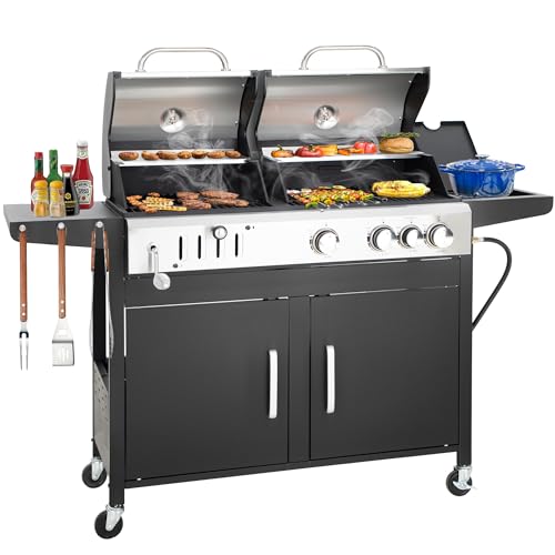 Dual-Fuel Outdoor BBQ Grill with 3 Propane Burners, Charcoal Chamber and Side Burner, 37,000 BTUs, 685 SQIN Cooking Area and Porcelain-Enameled Cast Iron Grates