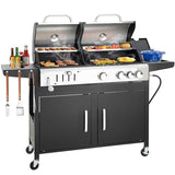 Dual-Fuel Outdoor BBQ Grill with 3 Propane Burners, Charcoal Chamber and Side Burner, 37,000 BTUs, 685 SQIN Cooking Area and Porcelain-Enameled Cast Iron Grates