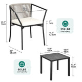 Dextrus 3-Piece Outdoor Bistro Set with Wicker Side Table, Two Stackable Chairs and Cushions, Patio Conversation Furniture, White