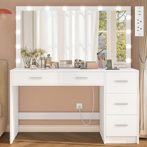 Makeup Vanity Desk with Mirror, 10 Lights, 5 Drawers and 3 Storage Shelves, Dressing Table with 3 Color Modes and Adjustable Brightness, 35.4-Inch, Black