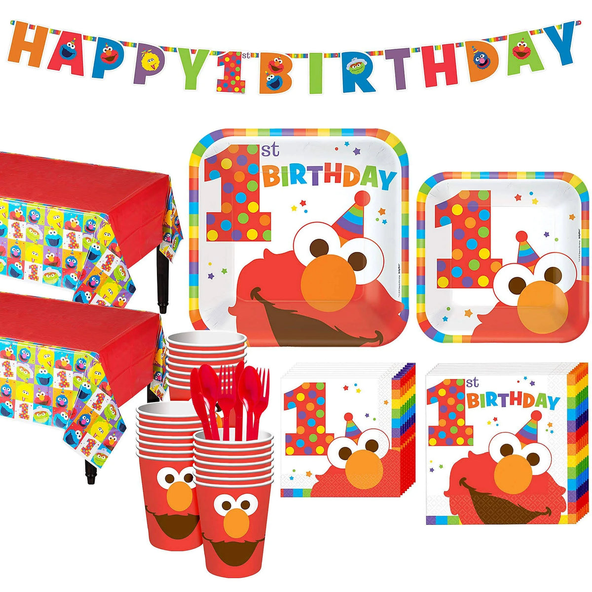 Elmo 1st Birthday Party Kit for 32 Guests with Table Decorations and Banners