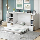 Twin Wall Bed with Wood Cabinet Frame, Charging Station, Outlet, USB Ports and Storage Drawers, Space-Saving Murphy Bed for Home Office or Studio, White